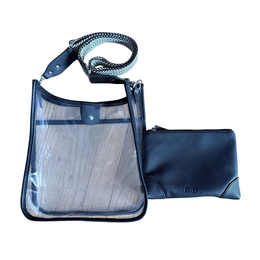 Rae Dunn Clear Crossbody Bag Medium Black PVC Herringbone Strap Pouch Sports